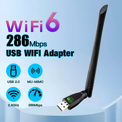 Black WiFi6 wireless network card with USB connector for computer connectivity