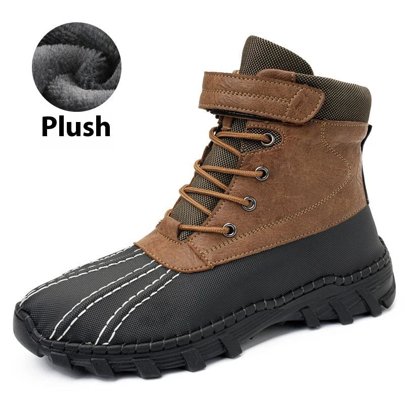 Warm lace-up winter snow boots with fleece lining, waterproof and anti-slip rubber soles, and stylish velvet or single-color options