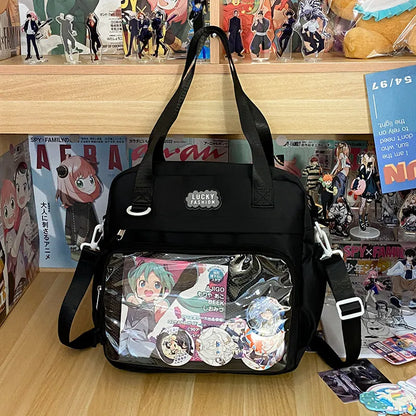 Large capacity nylon shoulder bag for women, 31 x 31 x 9cm, casual contrast colour design with lace-up detail.