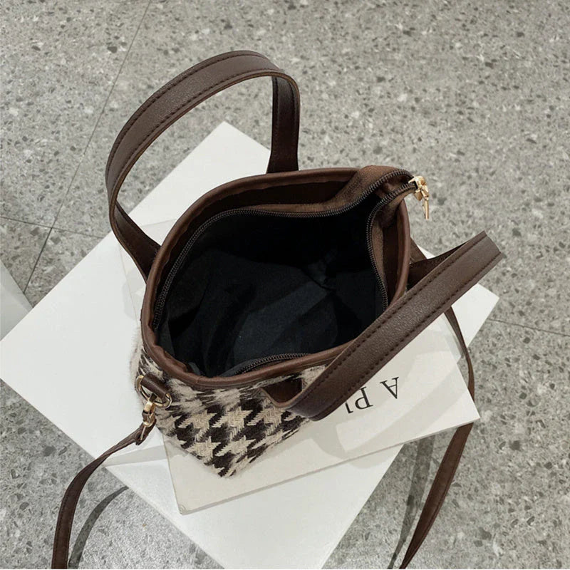 Premium Houndstooth Crossbody Bags for Women - Stylish Wool Handbag with Adjustable Strap and Spacious Main Compartment