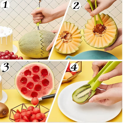 Three nested fruit tools showing V-shaped carver, large scoop and small scoop with PP plastic handles