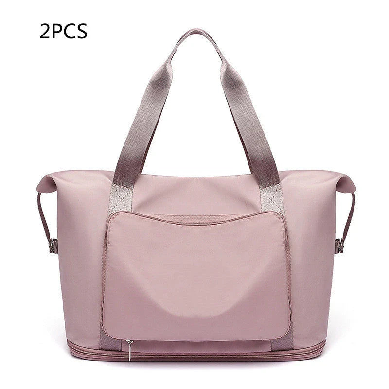 Roomy and foldable gym bag for women with waterproof Oxford fabric, multiple pockets, and wet/dry separation compartment
