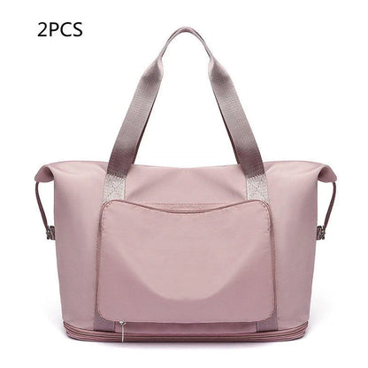 Roomy and foldable gym bag for women with waterproof Oxford fabric, multiple pockets, and wet/dry separation compartment