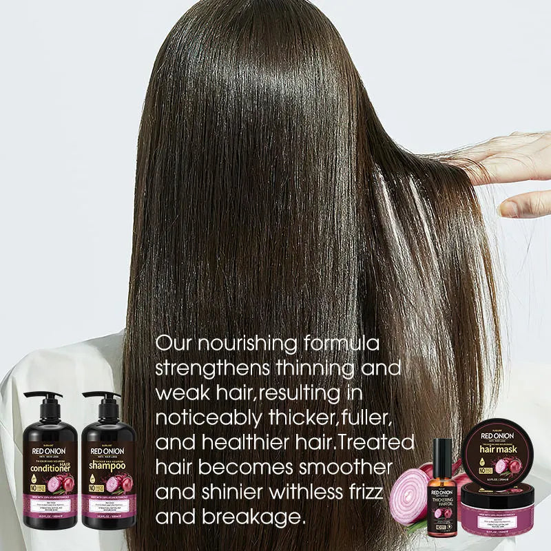 Red onion shampoo and conditioner set with hair mask and essential oil, 500ml shampoo, 500ml conditioner, 250ml hair mask, and 50ml essential oil, 4-piece hair care kit for moisturising, nourishing and hair dye protection