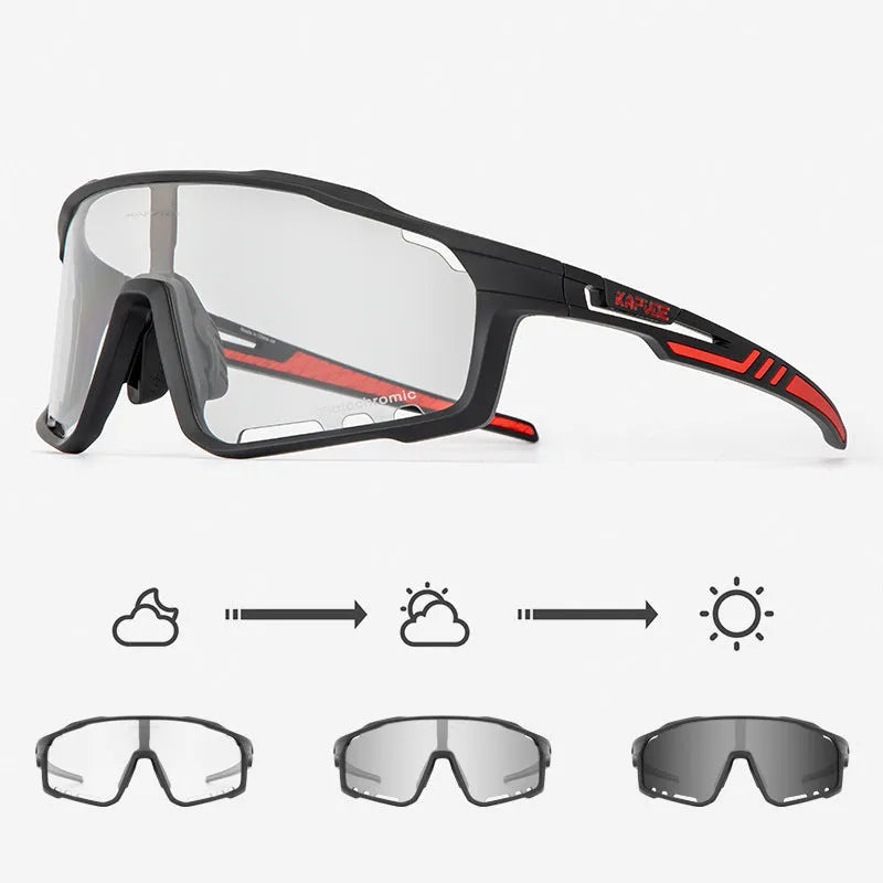 Photochromic cycling sports goggles with a semi-rimless TR90 frame and adaptive tint lens.