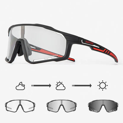 Photochromic cycling sports goggles with a semi-rimless TR90 frame and adaptive tint lens.