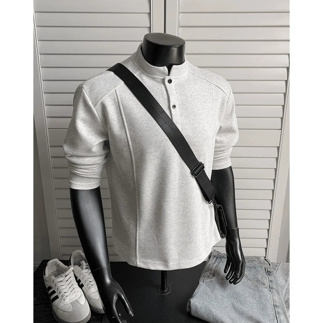 Men's asymmetric stand-up collar polo shirt with patchwork shoulders in Chinese cotton, available in three colours and seven sizes