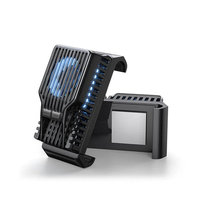 Black mobile phone radiator clip attached to a smartphone, showing aluminium and ceramic cooling surfaces.