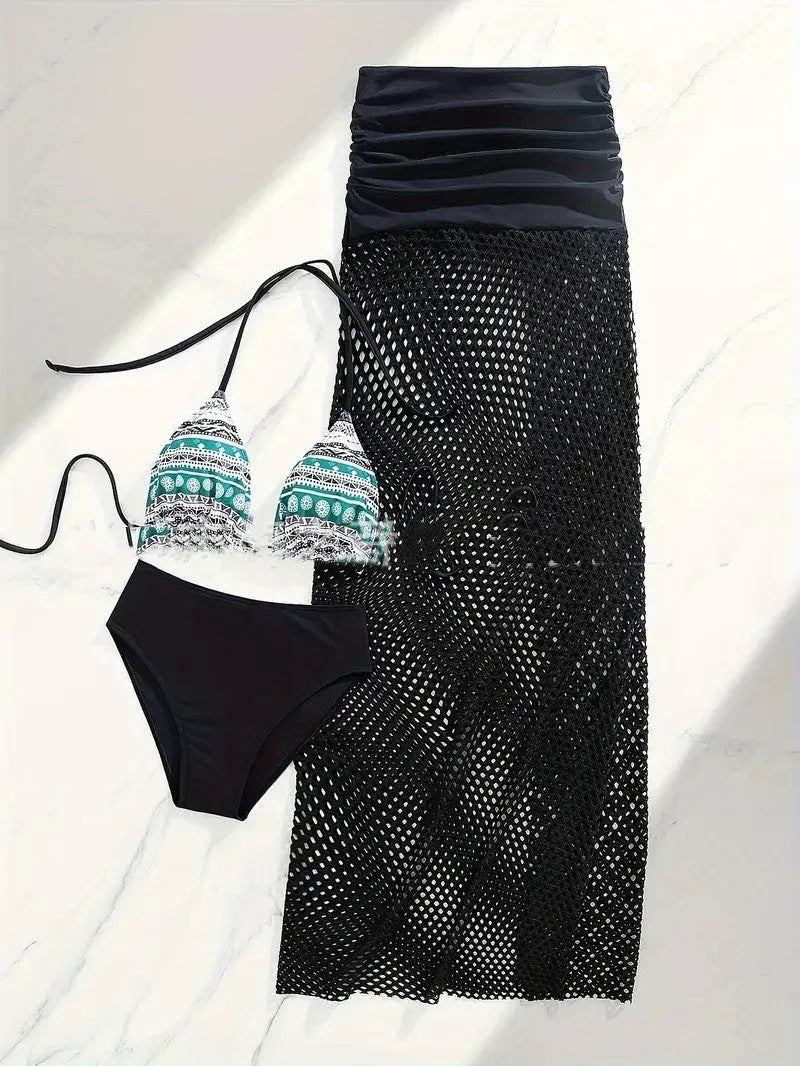 Women's three-piece bikini set with fishnet long skirt in gradient brown, rose pink, or black colours