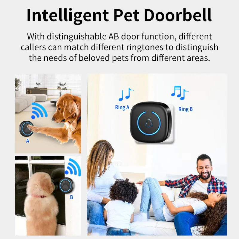 Waterproof Wireless Dog Door Bell with 60 Melodies and 300 Metre Range for Pet Training and Home Entry Alert, Featuring Touch-Activated Chime in Black or White Colour Options for American, European, and National Standard Configurations.