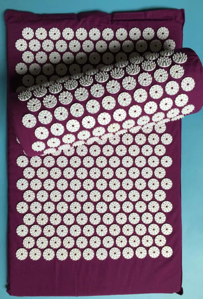 Acupuncture yoga cushion and pillow set with 210 pins for muscle relief, available in multiple colors.