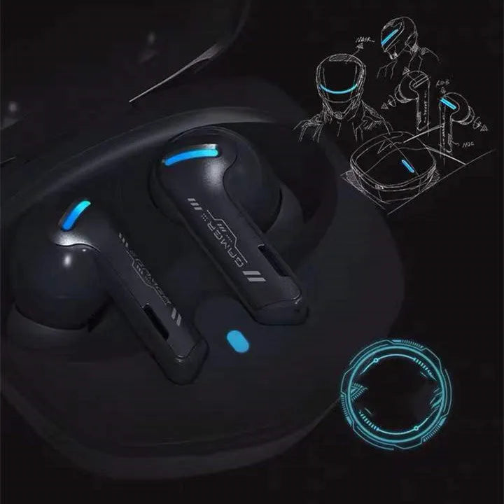 Grey QCY G1 Bluetooth wireless gaming earbuds with charging case and spare ear tips.