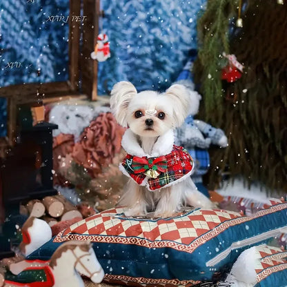 Pet wearing festive scarf with snowflake bell design, red background, adjustable fit for winter warmth