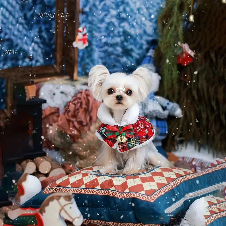 Pet wearing Christmas scarf with snowflake pattern, showing adjustable fit and holiday design details
