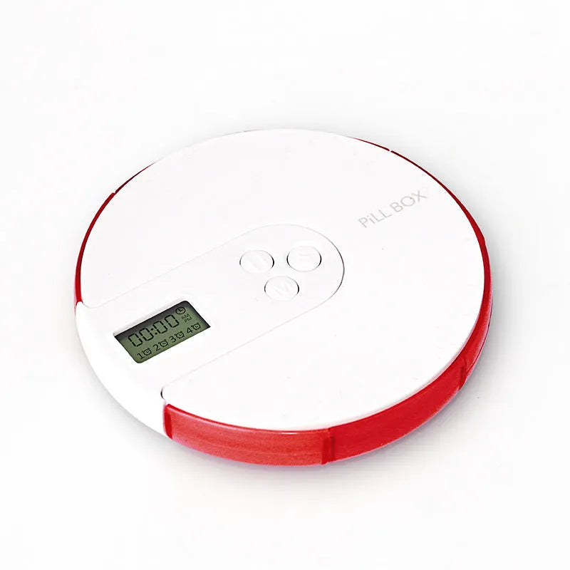 7-compartment alarm clock pill dispenser showing medication organisation with timer display