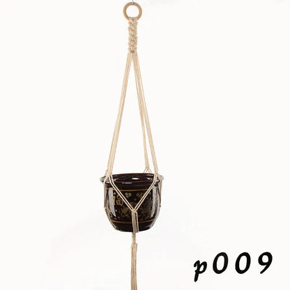 Woven wire lattice plant holder with natural cotton rope, shown in a rustic style supporting a green plant.