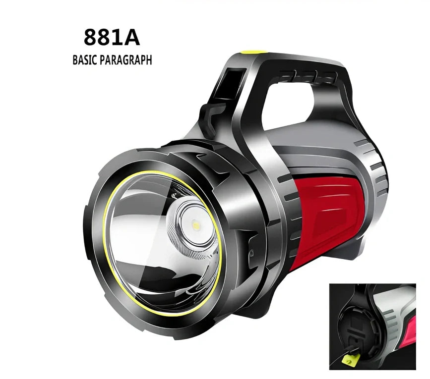 Portable LED flashlight with adjustable strap showing 6000 lumens brightness and 800m range specifications
