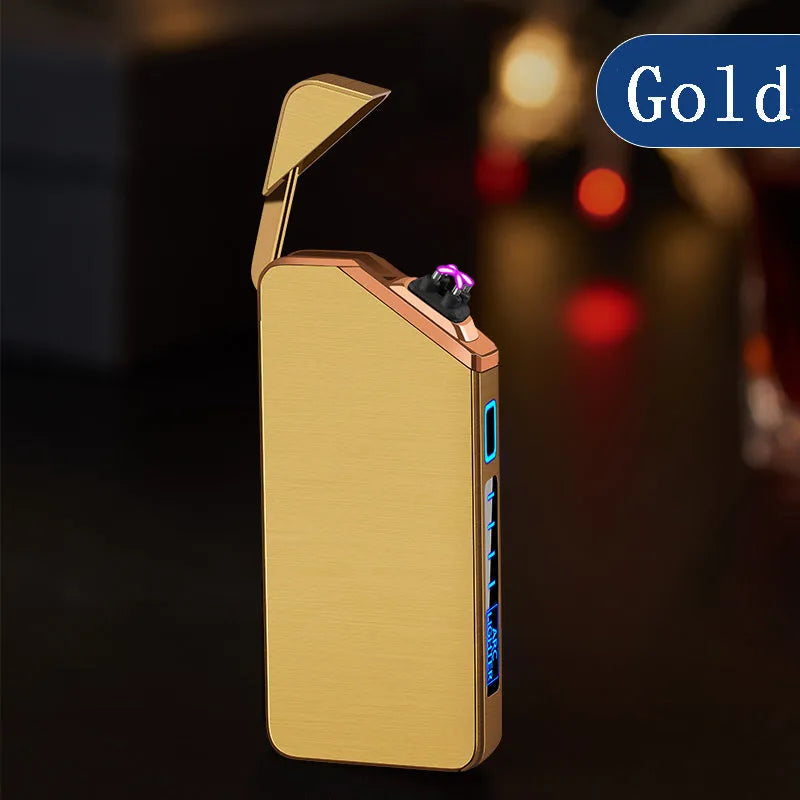 USB rechargeable double arc lighter in zinc alloy with ice noodle finish, 73x35x11mm, available in six colours