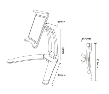 Aluminium alloy desktop tablet stand with adjustable clips on a 23.5cm base, holding a tablet at an angle