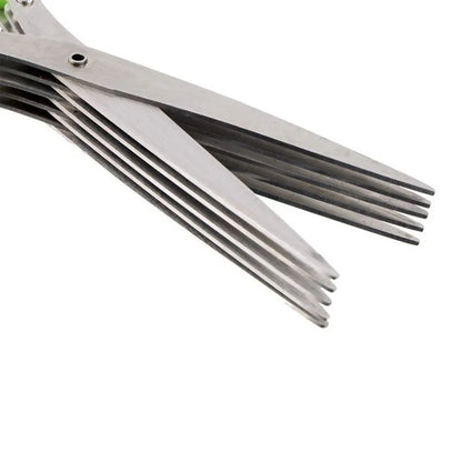 Green stainless steel multi-layer V-shaped kitchen scissors for cutting onions and herbs.