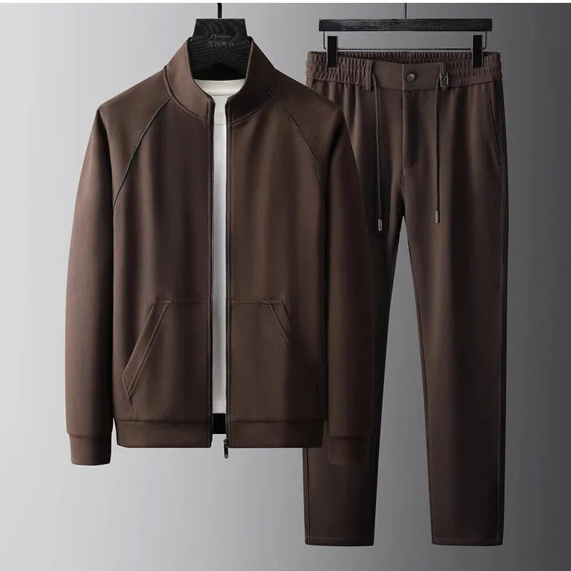 Stand collar casual sports suit in slim fit with long sleeves, shown in coffee colour, sized for weights up to 102.50kg