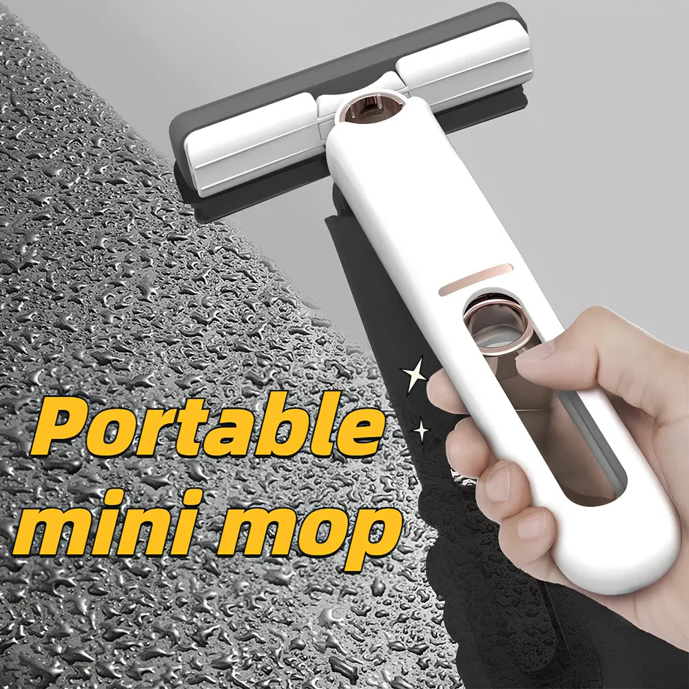 Portable self-squeeze mini mop showing 180-degree fold mechanism and compact design