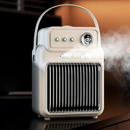 White compact table heater with humidifier function, control panel showing heat and fan settings.