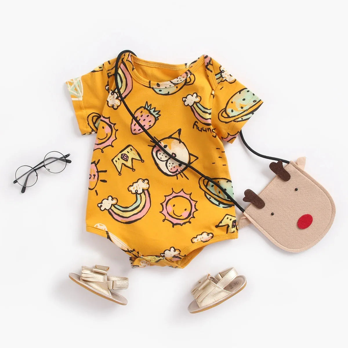 100% cotton short sleeve baby bodysuit in green animal forest print, sizes 0-6m to 2-3T