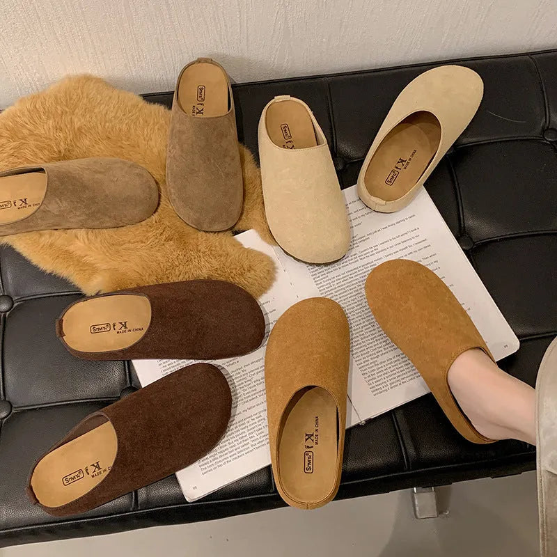 Korean style square-toe summer slippers for women in soft microfiber slip-on design with PU sole available in apricot, khaki, camel, and brown colours across sizes 35 to 40 for indoor and outdoor comfort