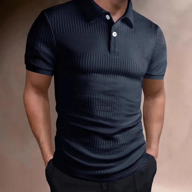 Men's polo shirt in striped design with a loose fit, breathable polyester fibre blend fabric, short sleeves for summer wear, available in black, white, khaki, light blue, and navy blue with casual styling for leisure and business casual scenarios.