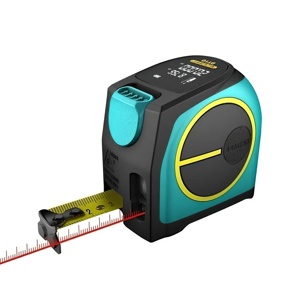 2-in-1 laser tape measure tool with extended tape and magnetic hook for metal surfaces