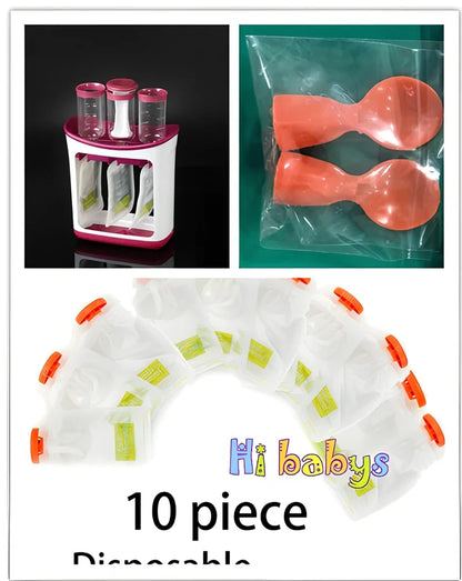 Baby food squeeze station pressing puree into 4-ounce pouch with ABS construction measuring 18x9x22cm