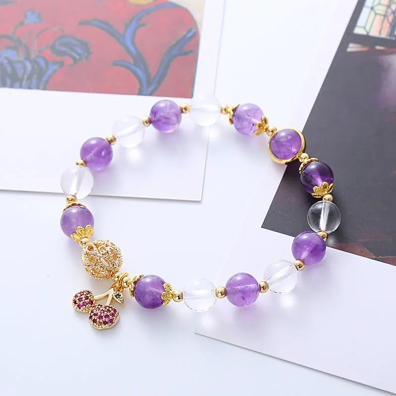 Purple crystal bracelet with micro-inlaid amethyst details and cherry flower design for women
