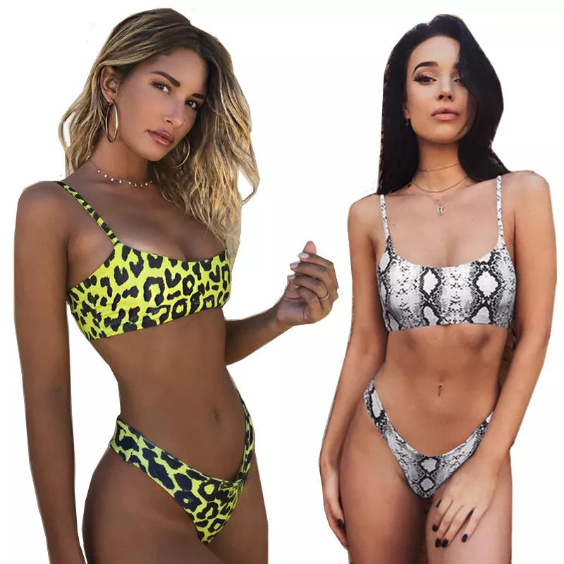 Leopard print bikini swimsuit with adjustable straps and triangle bottom
