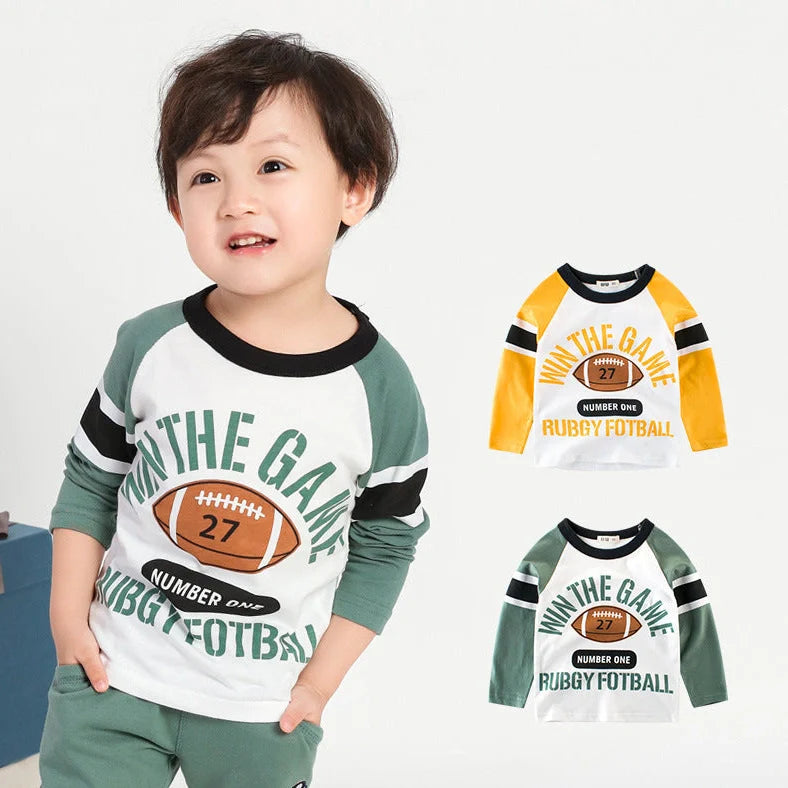 Korean boy's green long-sleeve bottoming shirt with soft-treated fabric, size chart showing measurements