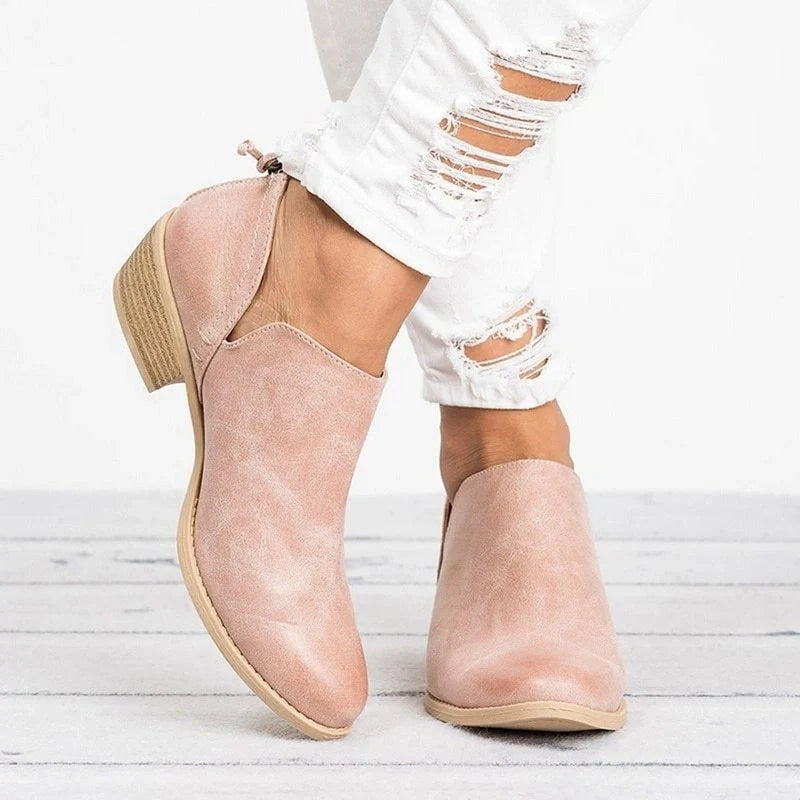 Stylish women's retro high heel ankle boots for autumn in pink, black, and beige
