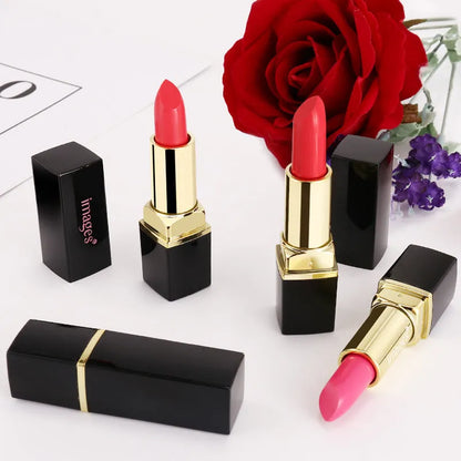 Moisturising lip gloss stick in a compact case, shown in shades like coral red and barbie pink.