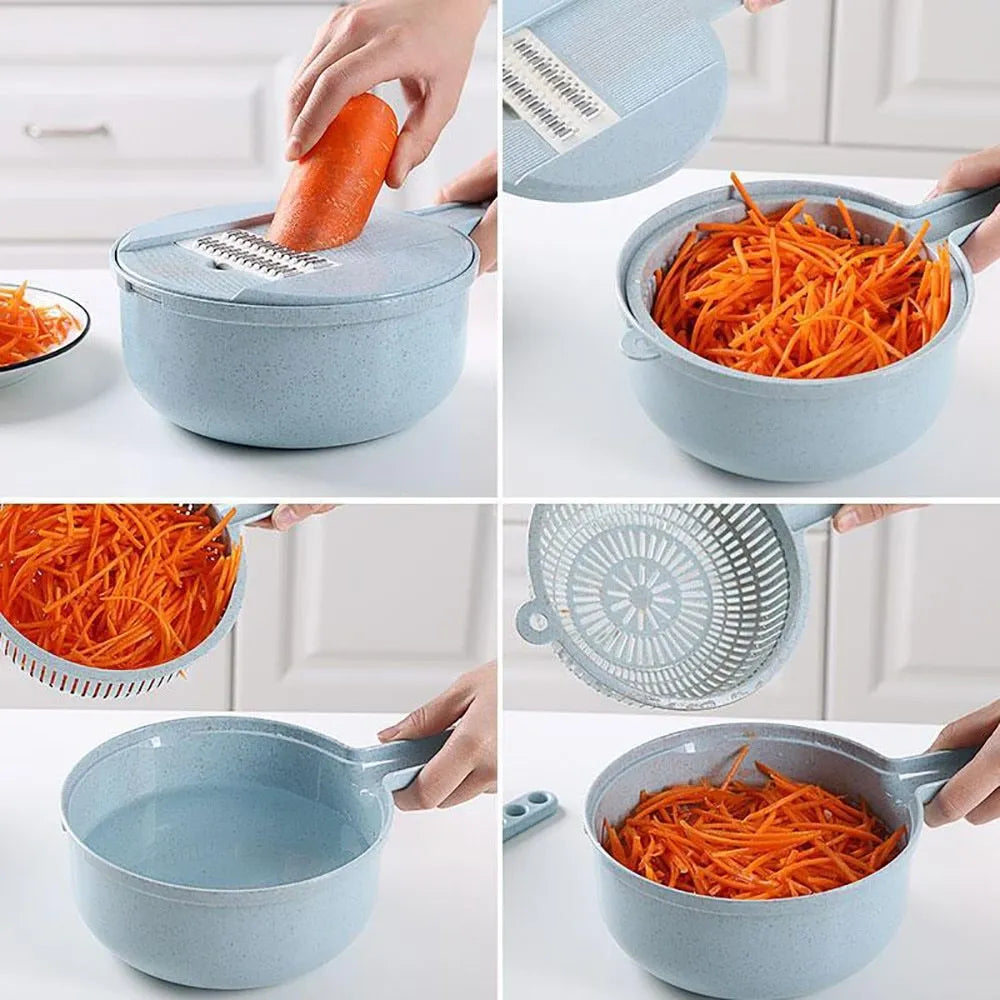 Blue 8-in-1 mandoline slicer set with stainless steel blades, hand guard and kitchen tools