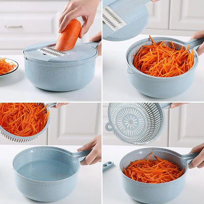 Blue 8-in-1 mandoline slicer set with stainless steel blades, hand guard and kitchen tools