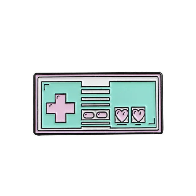 Stereo game console badge made from alloy metal in three colour options for bag mounting.