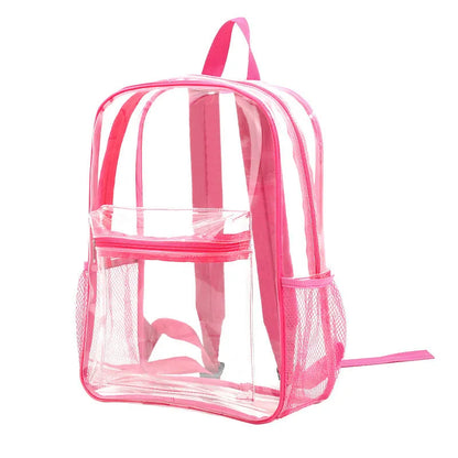 Transparent PVC travel backpack showing contents through clear material with 50 litre capacity