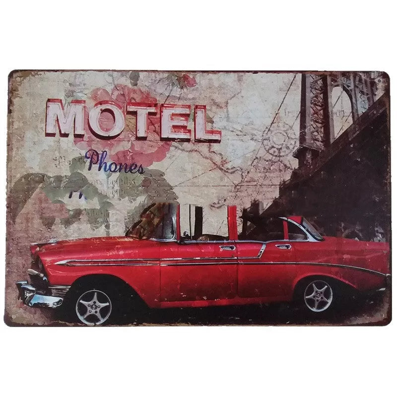 Retro tin painting metal craft with car and motorcycle design, 20x30cm