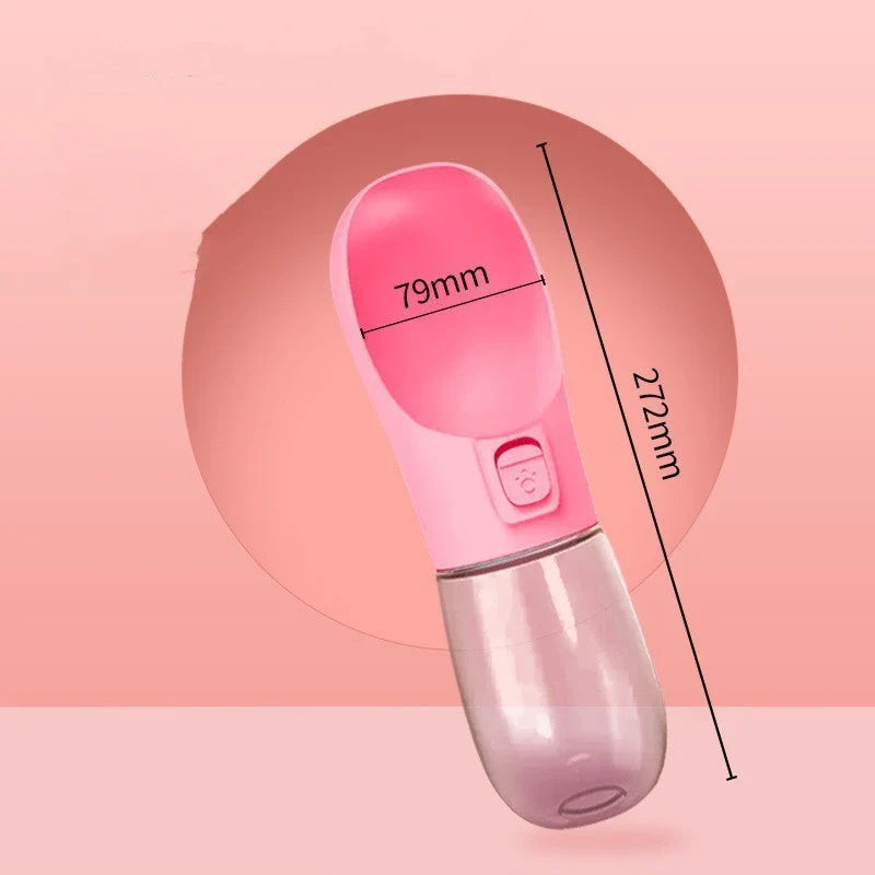 Portable pet water bottle and feeding bowl made of durable, BPA-free plastic with a leak-proof design and large opening for easy drinking and refilling