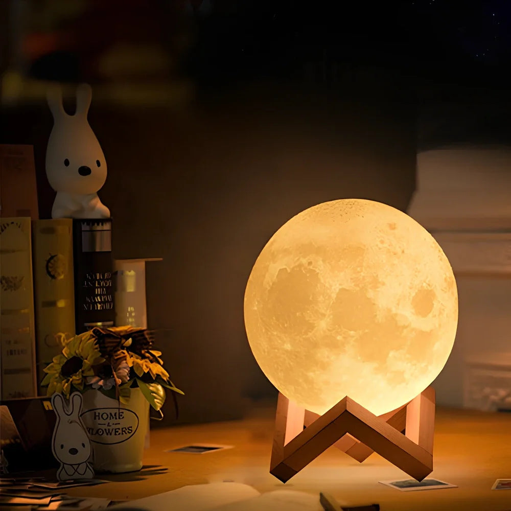 3D printed moon night light with detailed lunar surface and dual-colour LED lighting on beech wood stand