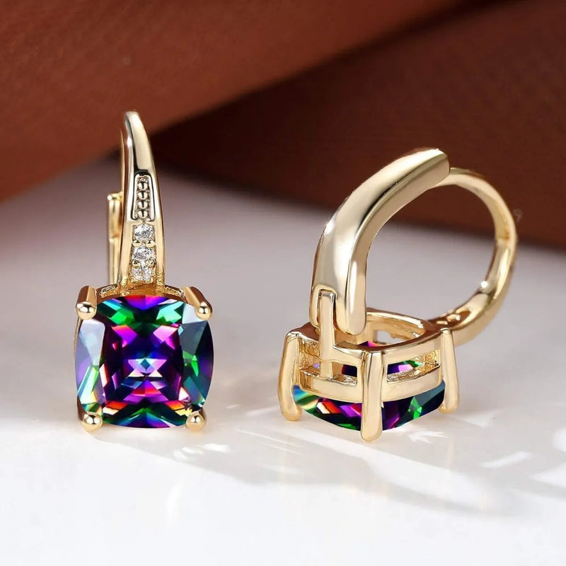Square geometric ear clips with colourful moissanite inlays, electroplated copper earrings in gold or silver finish, quadrilateral ins-style fashion jewellery with copper alloy construction and 1 pair included per order.