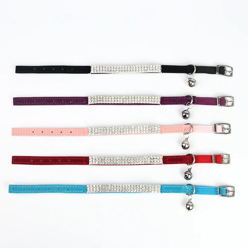 Rhinestone suede cat collar with adjustable 20-30 cm length and 1 cm width in red, blue, purple, black, or pink