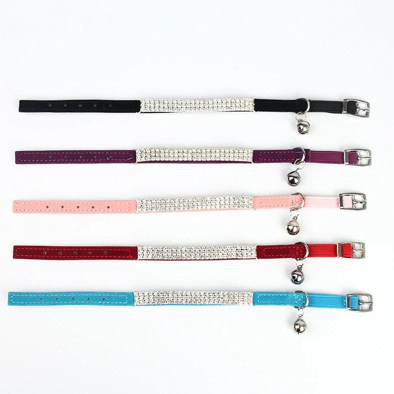 Adjustable velvet cat collar with rhinestones in five colour options showing 20-30cm length