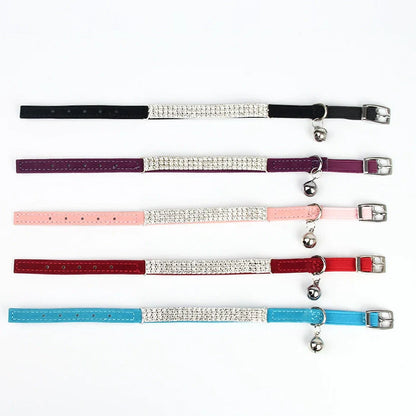 Adjustable velvet cat collar with rhinestones in five colour options showing 20-30cm length