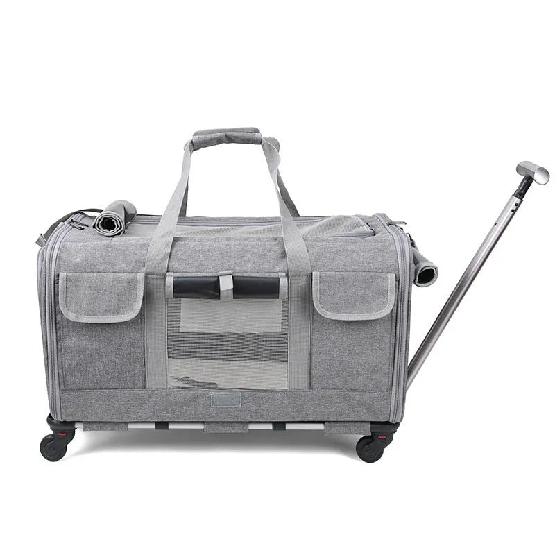 Foldable Oxford fabric pet trolley bag, 17.50kg load rating, shown in solid beige, blue, dark grey, grey and pink
