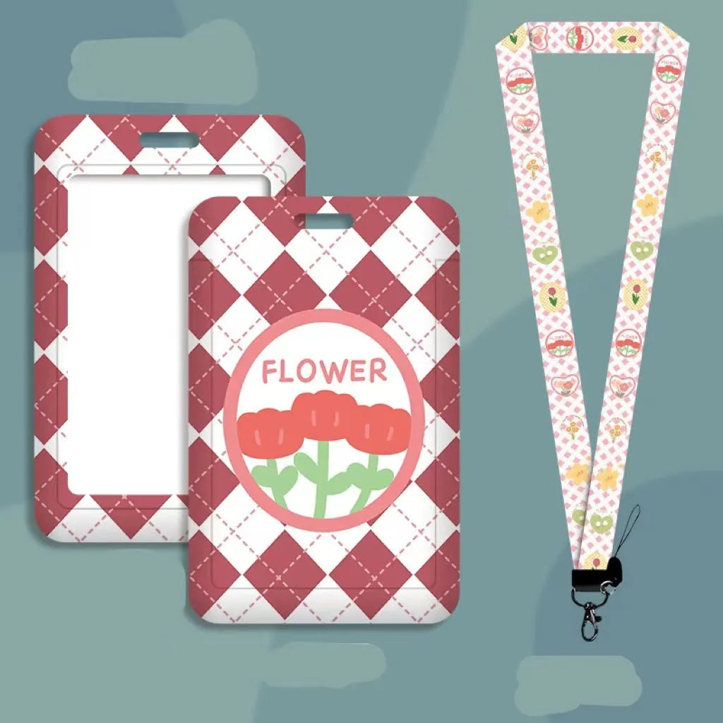 Student ID card set with plastic sleeve and neck strap in cartoon designs